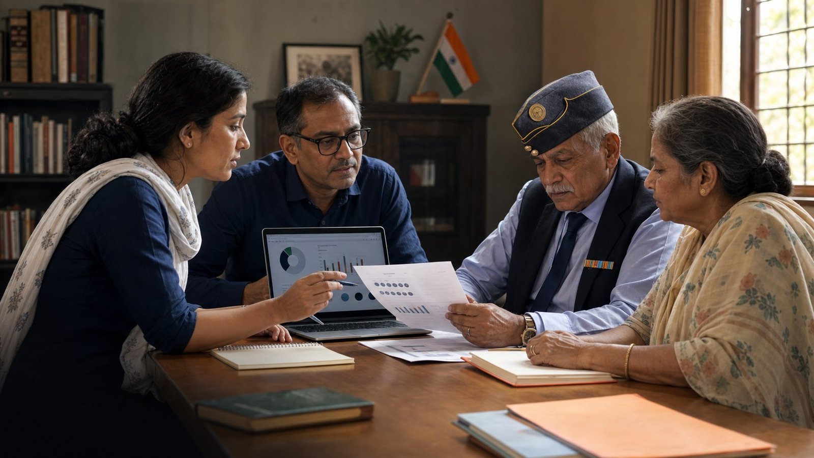 Indian researchers listening to a retired defence veteran and senior community member