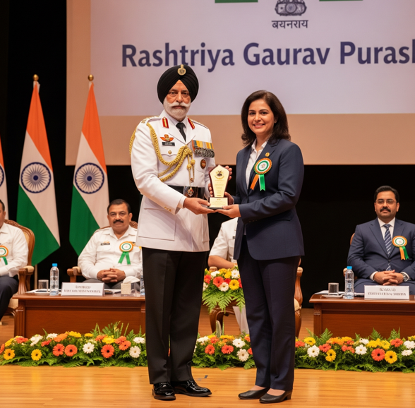 Award presentation with Indian flags on stage